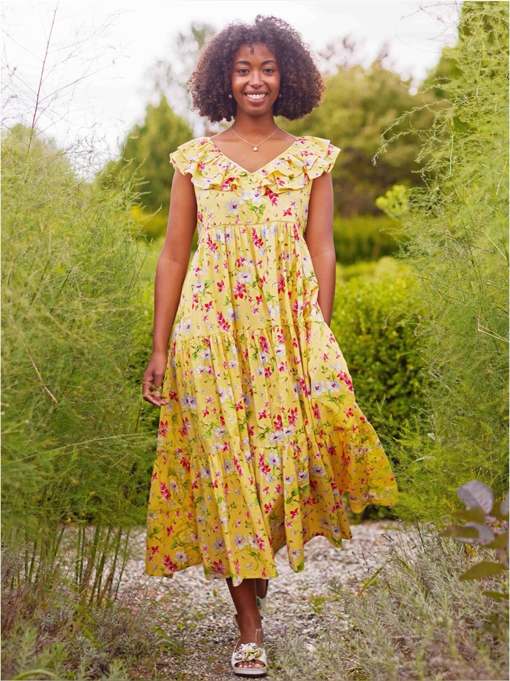 April Cornell Midi Dress XXL Floral Yellow Tiered Pockets Ruffle Prairiecore
